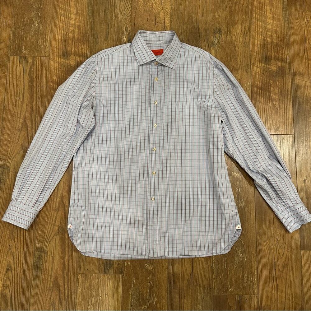 Isaia Napoli Dress Shirt Light Blue, White & Red Size 18/45